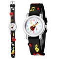 Detail of 3D guitar and music notes on a black silicone strap of a kids quartz watch - Black