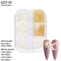 Natuurlijk witte nail art set met gouden kralen en parels in een 6-vaks doosje - 6-Grid Parel ZZ01 (Natuurlijk Wit Mix Gouden Kralen)