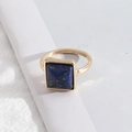 Chic golden alloy ring featuring a square deep blue natural stone with gold speckles - Medium Size Lapis Lazuli