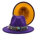 Dettaglio cappello jazz in feltro viola con fascia etnica e fodera gialla a contrasto - M(56-58cm) / Viola con Interno Giallo