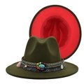 Olive green and red wide brim fedora hat with bohemian beaded band and turquoise stone - M(56-58cm) / Olive Green External Red Internal