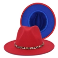 Detail of red fedora hat with leopard print band and blue interior lining - M (56-58cm) / Outer Red Inner Royal Blue