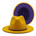 Cappello fedora in lana zenzero con nastro intrecciato e fodera viola a contrasto - M(56-58cm) / Giallo + Viola Contrasto