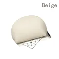 Close-up of a semi-circular beige PU leather makeup pouch with a silver metal zipper - Beige