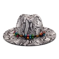 Cappello fedora in feltro a tesa larga con stampa serpente e fascia etnica con perline - M (56-58cm) / Bianco
