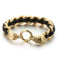 Bracciale teschio dorato con catene in acciaio inossidabile e cordino in pelle nera - Stile Teschio d'Oro (KB46715-D)