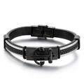 Geflochtenes Lederarmband für Herren mit silbernem Stahlseil und schwarzem Anker - Schwarzer Ankerstil (KB161161)