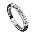 Pulsera para hombre de cuero trenzado negro con detalle de cadena de acero inoxidable plata - 19cm / Color Acero