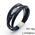 Bracciale multistrato in pelle intrecciata nera con ciondolo a piuma argento e chiusura - Color Acciaio