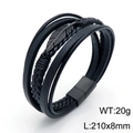 Bracciale multistrato in pelle intrecciata nera da uomo con piuma e fibbia magnetica - Nero