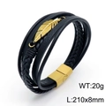 Bracciale multistrato in pelle nera intrecciata con ciondolo a piuma dorata e chiusura magnetica - Oro