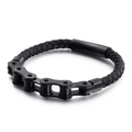 Street style black braided leather bracelet featuring a black metal bicycle chain design - 21cm / Black