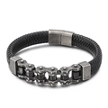 Men's black braided leather bracelet with silver metal chain and magnetic clasp - 19cm / Matte Black