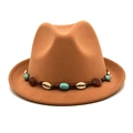 Brown wool felt fedora hat featuring an ethnic turquoise bead and shell hatband - Camel