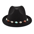 Close-up of black wool fedora featuring turquoise and shell bohemian decorative band - Black