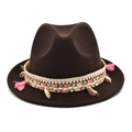 Solid brown felt fedora hat with bohemian woven band, colorful tassels and shell charms - M (56-58cm) / Coffee