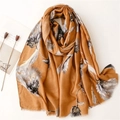 Golden yellow cotton-linen shawl with floral patterns and gold foil on a minimalist background - Khaki