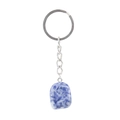 Close-up of a blue and white natural agate stone pendant with a silver metal keychain - Blue Sodalite