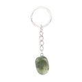 Detail of polished irregular green moss agate stone pendant on metal keychain - Olive Green