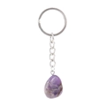 Detail view of a natural purple amethyst stone pendant on a silver metal keychain - Amethyst