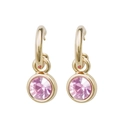 Golden hoop earrings featuring circular pink crystal pendants for a stylish look - Rose Gold + Pale Pink