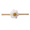 Detailed view of elastic khaki baby headband featuring white 3D flower with yellow stamen - White Flower Center