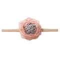 Detail of soft pink and gray fabric flower on an elastic beige nylon baby headband - Pink and Grey Cluster