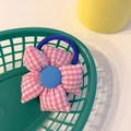 Pink checkered sunflower hair tie for girls with blue elastic band and soft fabric flower - Pink Checked Flower