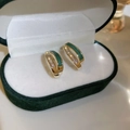 Vintage oval earrings in gold finish with green enamel and clear zircon stones - 6 Silver Needle - Green