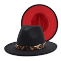 Cappello Fedora in lana nera con tesa rossa e fascia con stampa leopardata e fibbia - M(56-58cm) / Nero con Interno Rosso