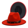 Detail of red fedora hat with leopard print band and contrasting black underbrim - M(56-58cm) / Red with Black Interior