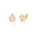Vue détaillée de boucles d'oreilles fleurs dorées avec zircons étincelants à six pétales - Or-Zircone Bleu Clair