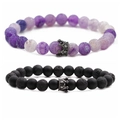 Set bracciali perle 8mm pietra lavica e agata viola con ciondolo corona in metallo - Modello A Set Corona Nero Fucile