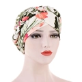 Women's floral headscarf with tropical print and twist knot design on white background - Beige Leaves