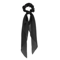 Elegant black satin hair scrunchie with long ribbons and smooth chiffon texture - Black