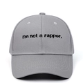 Close-up of I'm not a rapper embroidery on grey cotton baseball cap with curved brim - Adjustable / Gray