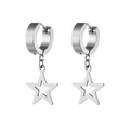 Polished stainless steel hoop earrings with hanging hollow star pendants on white background - Ear Buckle / Silver