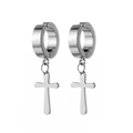Minimalist silver titanium steel cross drop earrings with clip-on design for non-pierced ears - Silver (Single)