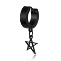 Close-up of black titanium steel huggie earring featuring a dangling pentagram star pendant - Ear Buckle / Black