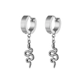 Macro shot of silver stainless steel hoop earrings with detailed snake pendants - Small Snake (Single Piece)