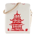 Detail der weißen PU-Umhängetasche mit rotem Pagodendruck und goldener Kette - Weiß