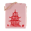 Detail of pink takeout box crossbody bag with red pagoda print and gold chain strap - Pink