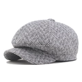 Vintage newsboy cap with grey herringbone wool pattern shown from a side angle view - L (58-60cm) / Cotton Light Grey