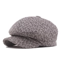 Classic herringbone newsboy cap in grey and white tweed fabric shown from side view - L (58-60cm) / Cotton Coffee