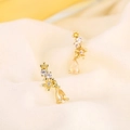 Elegant S925 silver gold floral stud earrings with champagne drop pendant and zircon - Gold