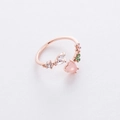 Detail of rose gold open ring featuring pink heart crystal and green floral zircon accents - 15#12958A (Pink)
