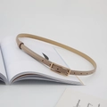 Dettaglio della sottile cintura in pelle beige con fibbia quadrata dorata su sfondo estetico - Albicocca