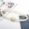 Elastic four-row pearl waist belt with gold round buckle and crystal accents - Center High Pearl With Rhinestone Edge Buckle (Gold)