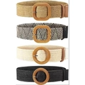 Bohemian straw woven elastic belts with round and square buckles in four colors - 4Pcs Set (Square Khaki+Square Multi+Round White+Round Black)