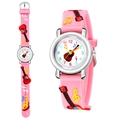 Detail of pink silicone children's watch band with 3D embossed guitar and musical notes - Pink